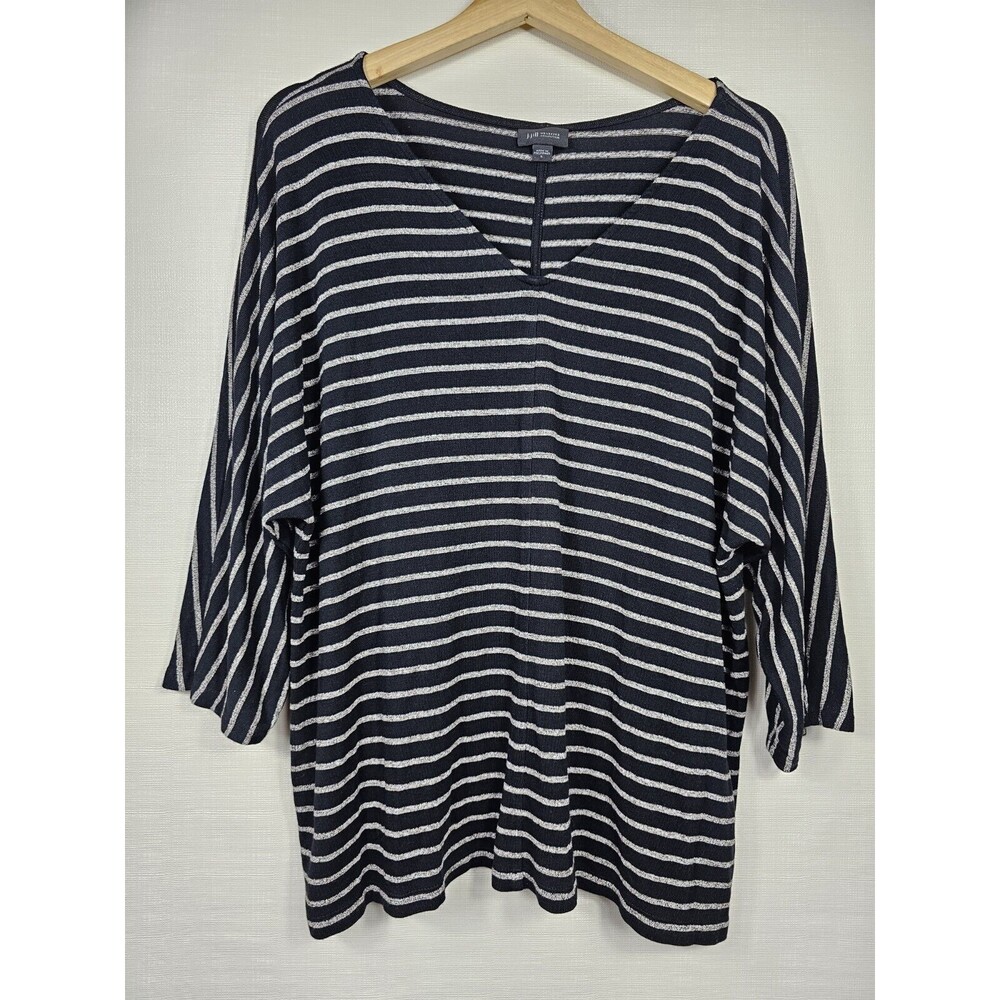 J Jill Wearever Collection Tunic Top Sz L Black Gray Stripe 3/4 Sleeve‎ Stretch